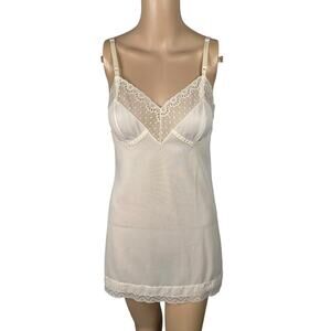 Vtg Vassarette Ivory Cream Lace Teddy Chemise Slip Dress SZ 32D